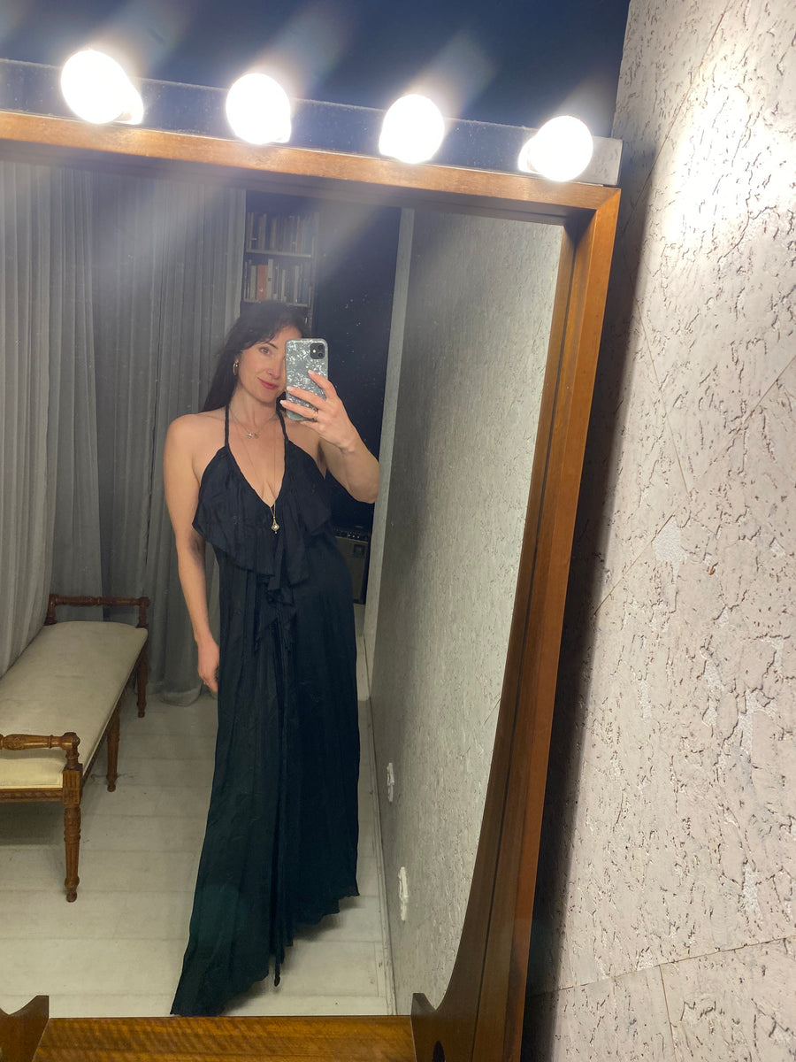 lisa brown silk dress Pre-loved Black Halter ivory dress Spring Wedding Guest Dress and dreamy mermaid cut Pick Size:L