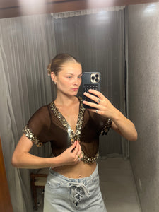 Pre-loved Chocolate Sheer Bolero w Sequin Trim