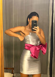 Pre-loved Silver Strapless Pink Bow Dress
