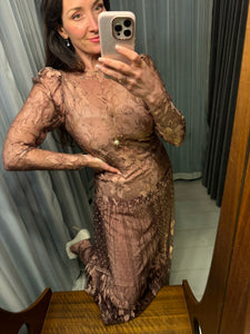 Vintage Blush Silk Orchid Lace Long Dress