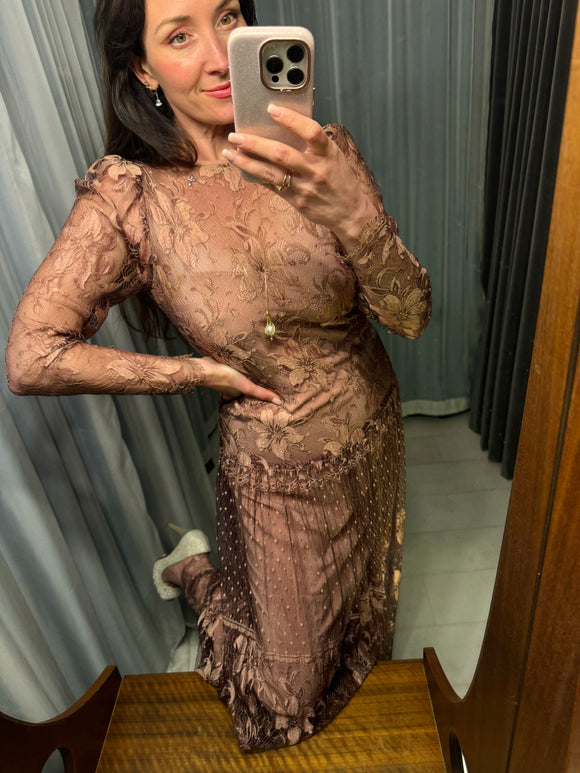 Vintage Blush Silk Orchid Lace Long Dress