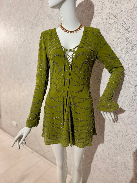 Pre-loved Green Beaded Lace Up Mini Dress