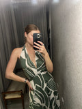 Pre-loved Green Cream Print Halter Dress
