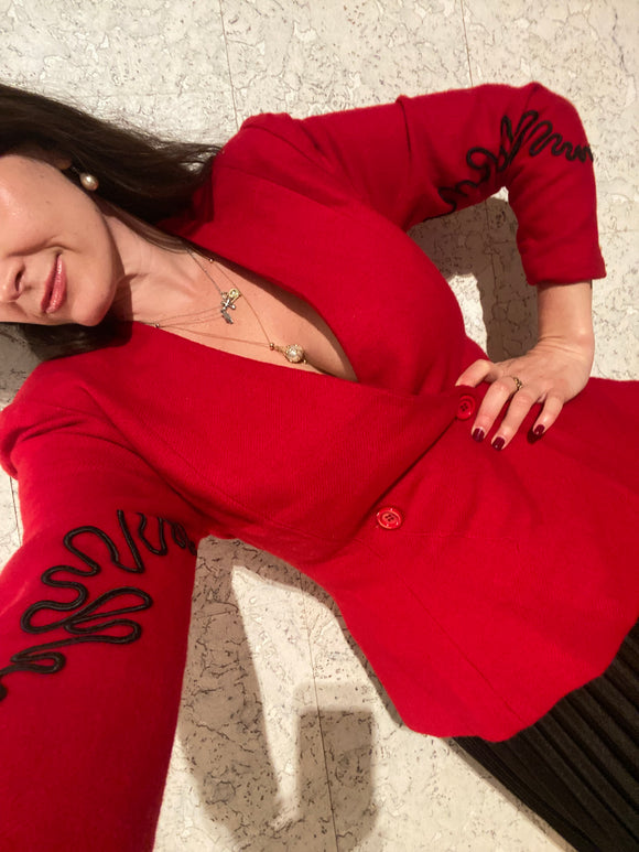 Vintage Red Wool Jacket w Black Brocade