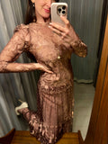 Vintage Blush Silk Orchid Lace Long Dress
