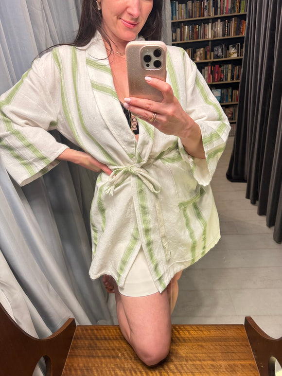 Pre-loved White Green Stripe Summer Kimono Jacket