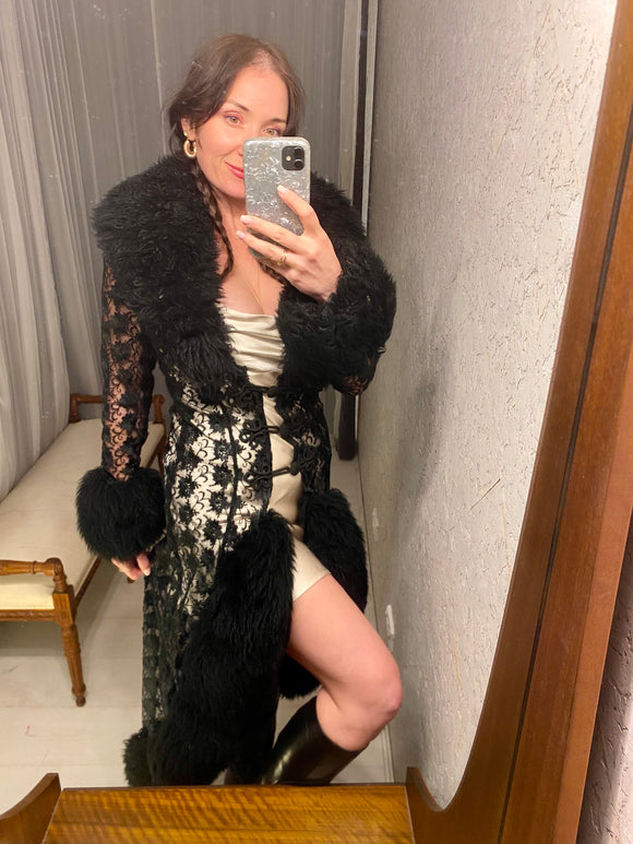 Pre-loved Black Lace Fur Collar Coat