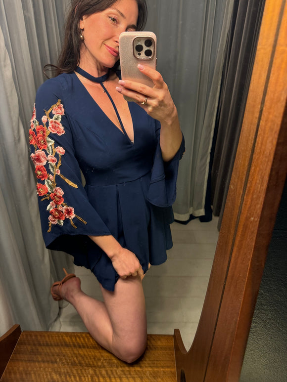 Pre-loved WHOAMI Blue Playsuit w Floral Embroidery