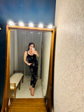 Pre-loved Black Velvet Jumpsuit w Gold Glitter