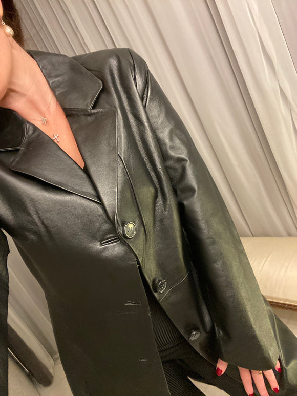 Vintage Black Leather Long Jacket