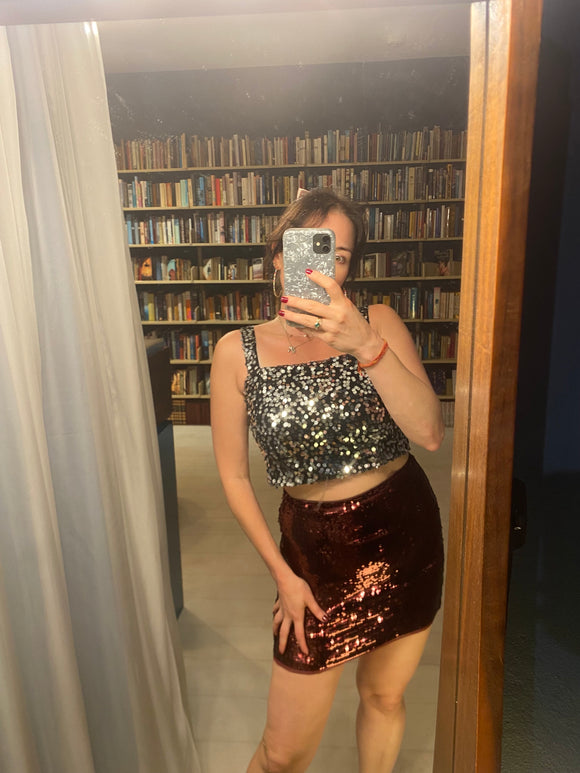 Pre-loved Black Silver Sequin Crop Top