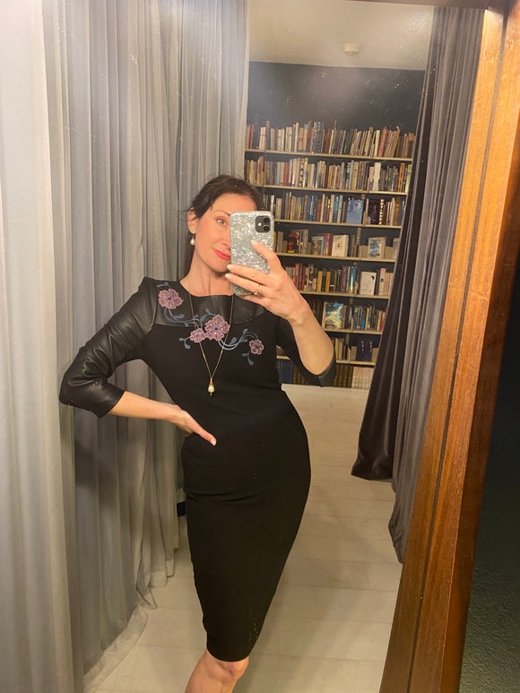 Pre-loved Black Floral Embroidered Dress w Leather Detail