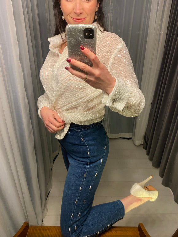 Pre-loved White Sequin Shirt w Lion Buttons