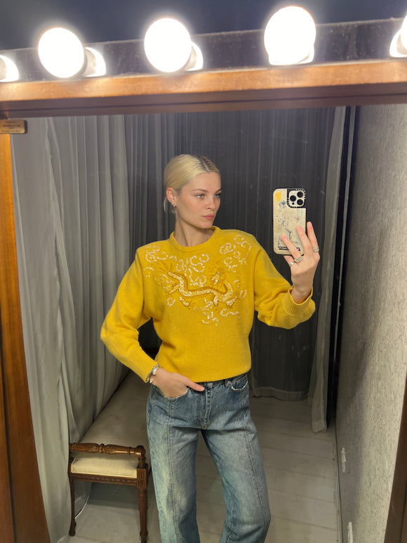 Vintage Yellow Sequin Dragon Knit Jumper