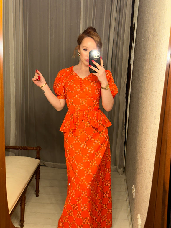 Vintage Floral Orange Maxi-Dress