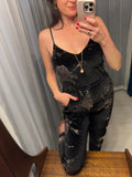 Pre-loved Black Velvet Jumpsuit w Gold Glitter