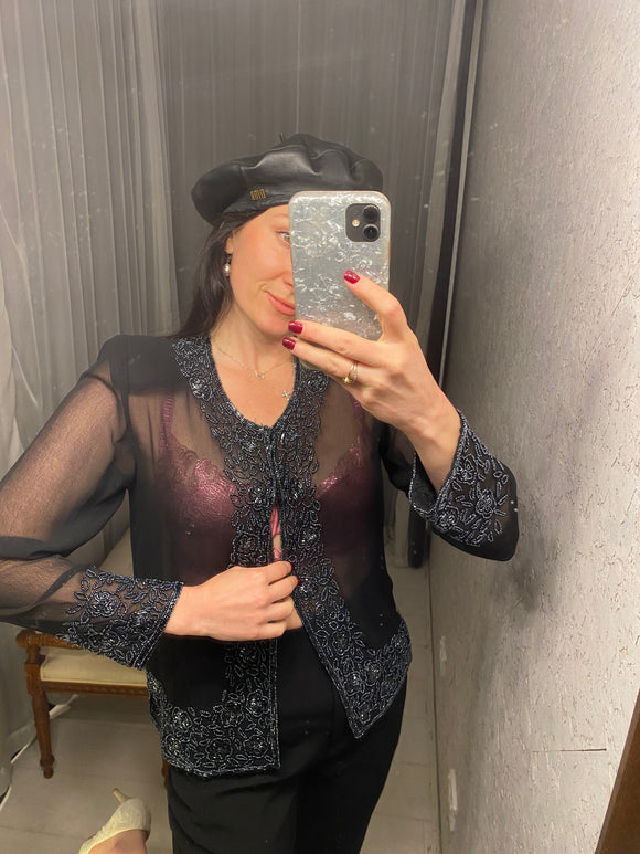 Vintage Black Sheer Embellished Beaded Jacket