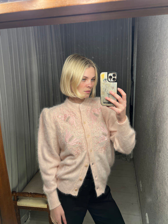 Vintage Baby Pink Angora Knit Cardigan