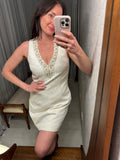 Pre-loved FOREVER White Brocade Dress w Beaded Trim