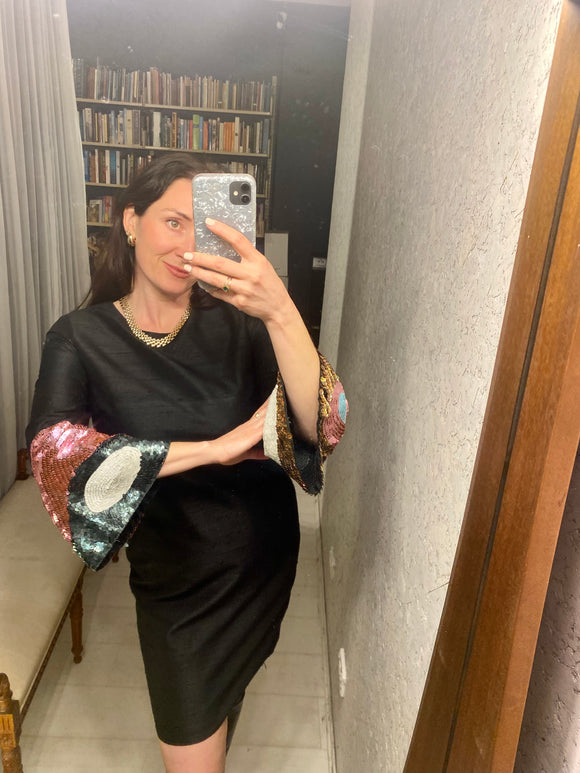 Pre-loved Gorman Black Raw Silk Dress w Sequins