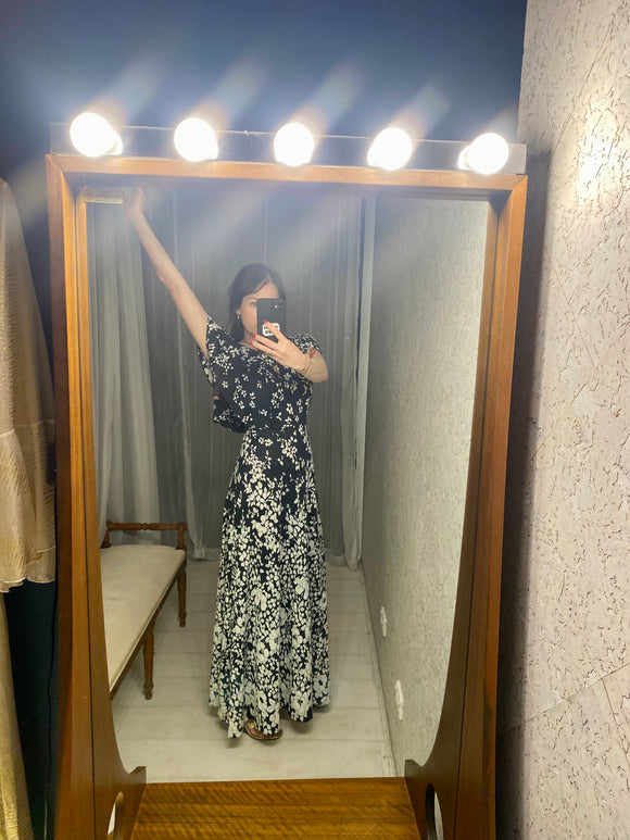 Vintage Black & White Floral Maxi-Dress