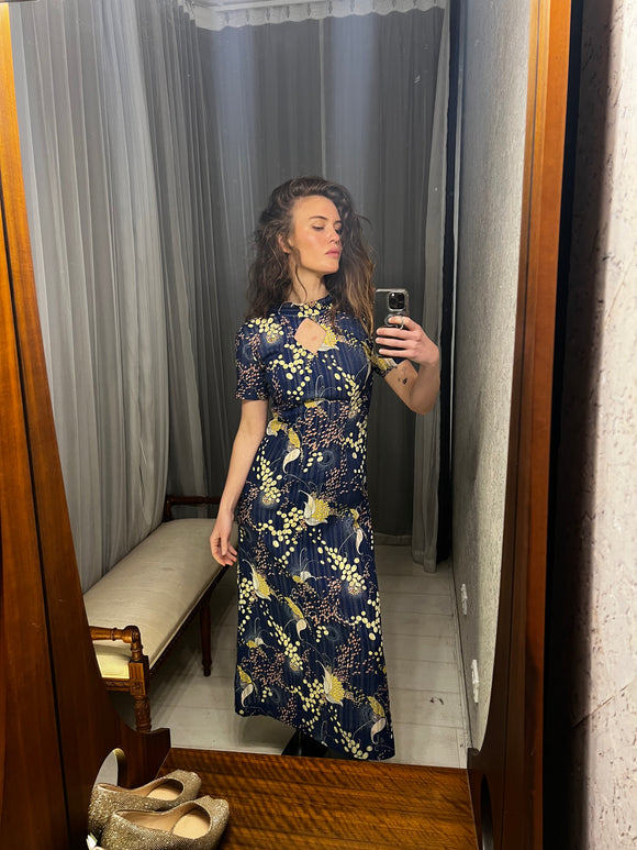 Vintage Blue Print Oriental Maxi-Dress