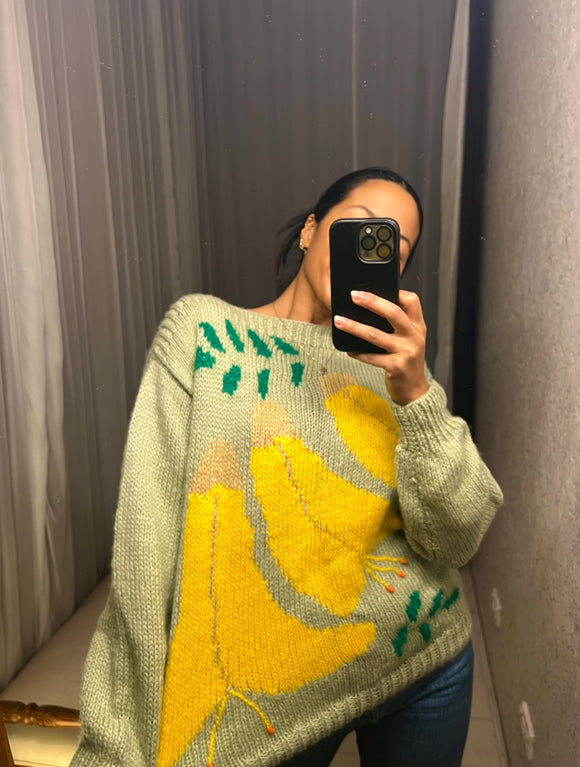 Vintage Hand Knitted Jumper: Yellow Flowers