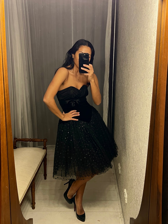 Vintage Strapless Black Sequin and Velvet Dress w bow