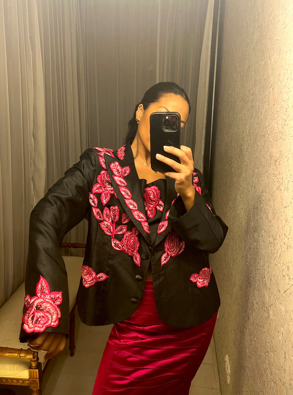 Pre-Loved Black Jacket Pink Floral Detail