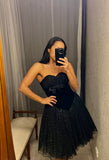 Vintage Strapless Black Sequin and Velvet Dress w bow