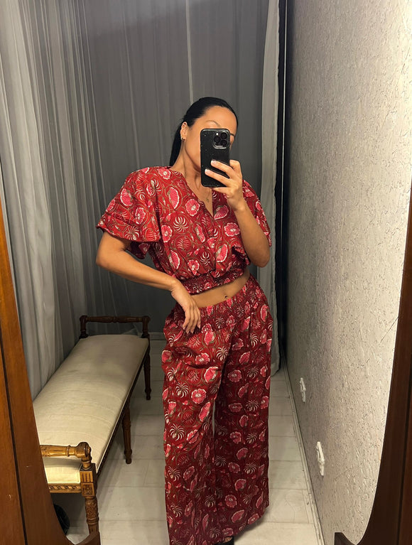 Pre-loved India Unique Red Block Print Pant Suit