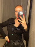 Pre Loved Armani Black Top Satin Frill Collar