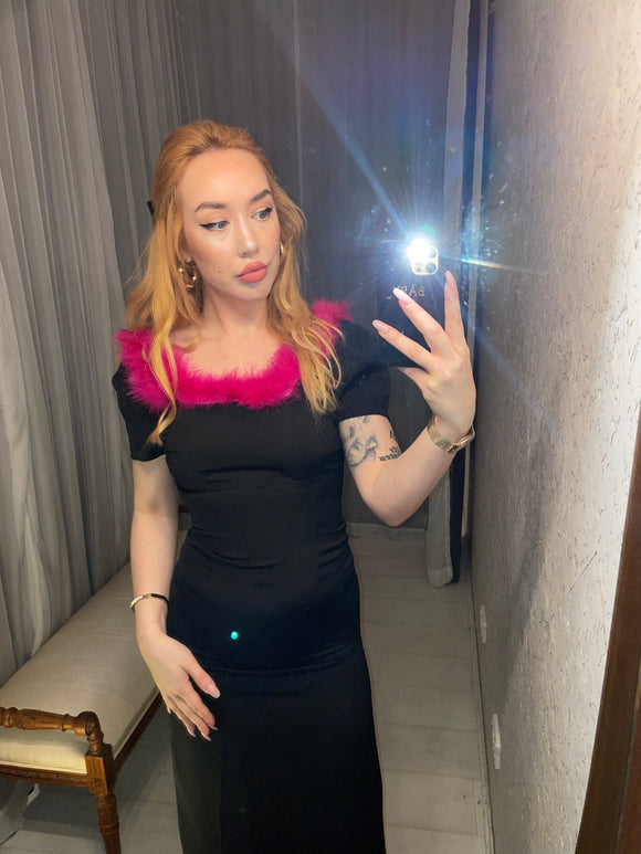 Vintage Black Dress w Pink Feather Trim