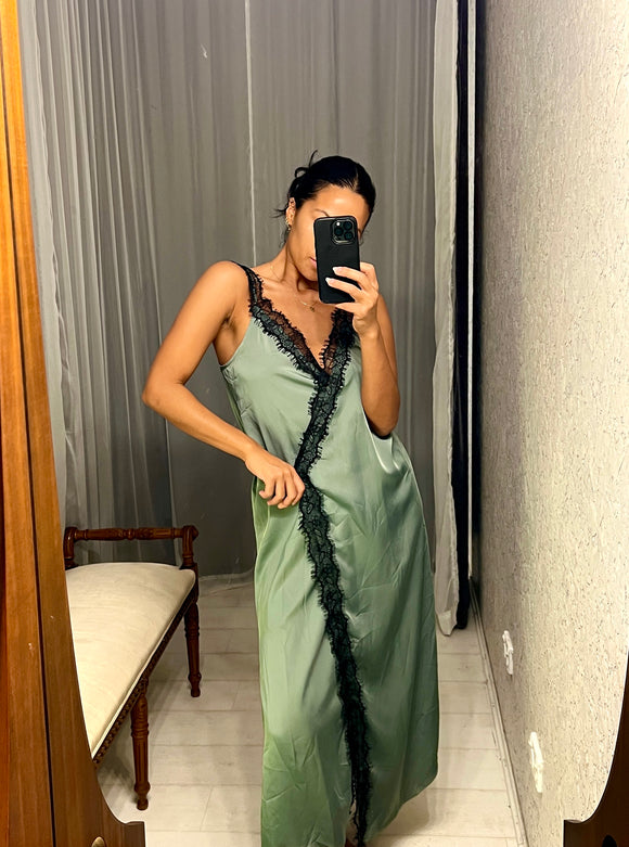 Pre loved Green Slip Dress w Black Lace