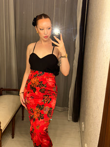 Pre-loved Red Satin Floral Skirt