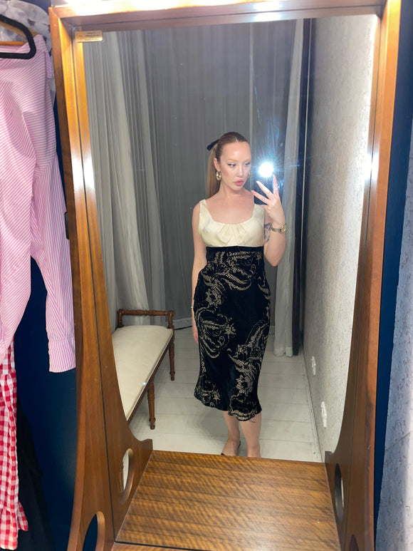 Pre-love Moss & Spy Cream Silk & Black Velvet Dress