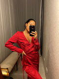 Pre loved Scarlett Red Peacock Print Wrap-Dress