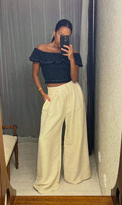 Cream Cotton Wide Leg Pants