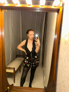 Black Suede Skirt w Floral Embroidery