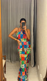 VIntage Patch Halter Neck Maxi-Dress