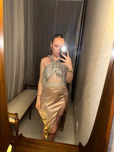 Pre-loved Mishki Caramel Satin Skirt w Diamanté Waist AS IS