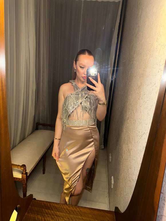 Pre-loved Mishki Caramel Satin Skirt w Diamanté Waist AS IS