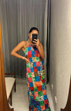 VIntage Patch Halter Neck Maxi-Dress