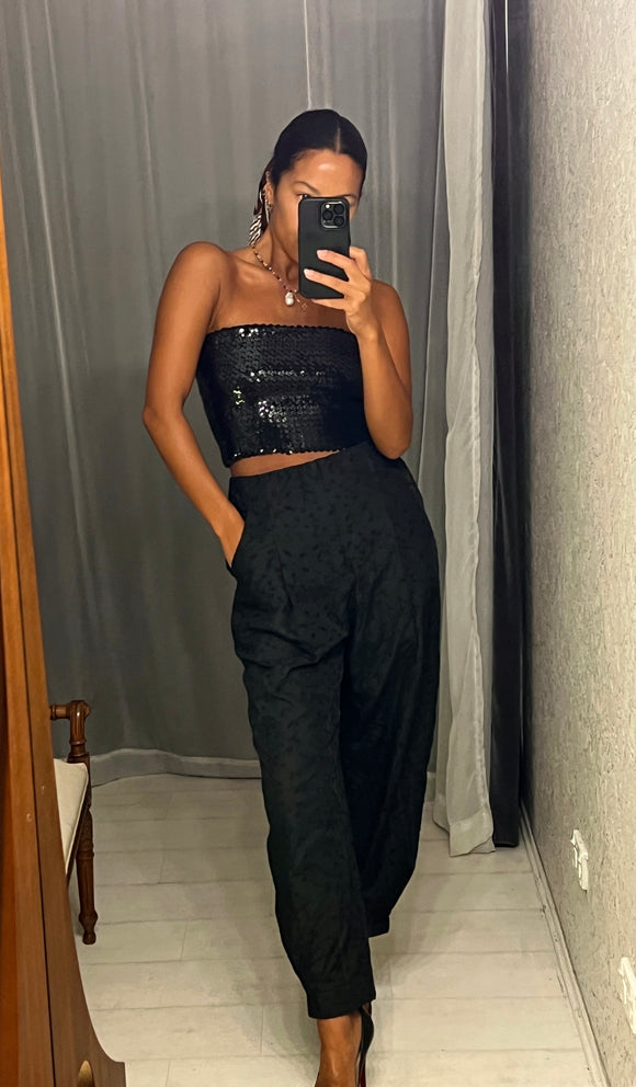 Black High-Waist Embroidered Pants