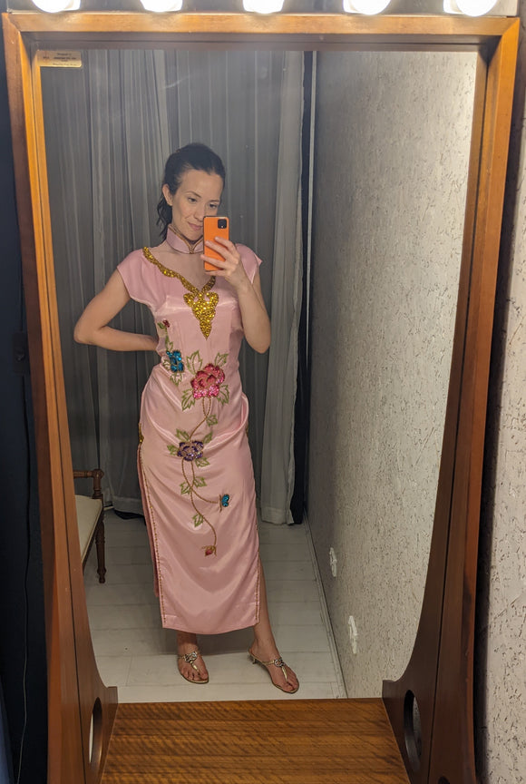 Vintage Silk Pink Sequin Cheongsam Dress